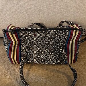 Vera Bradley Quilted Black Floral Patterned Tote with Multicolor Stripes